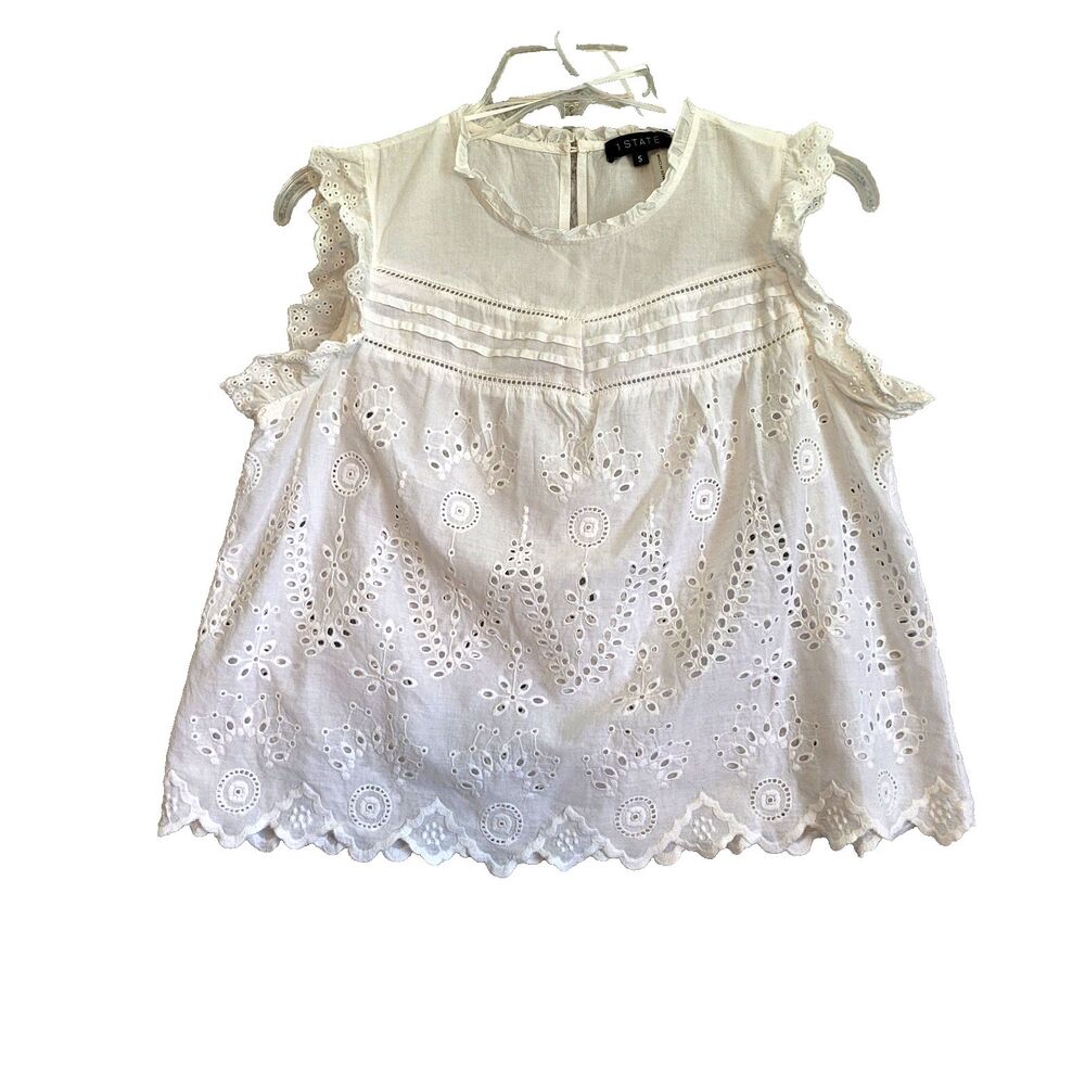 1 STATE Eyelet Blouse Top Small White Embroidered Cottagecore Romantic